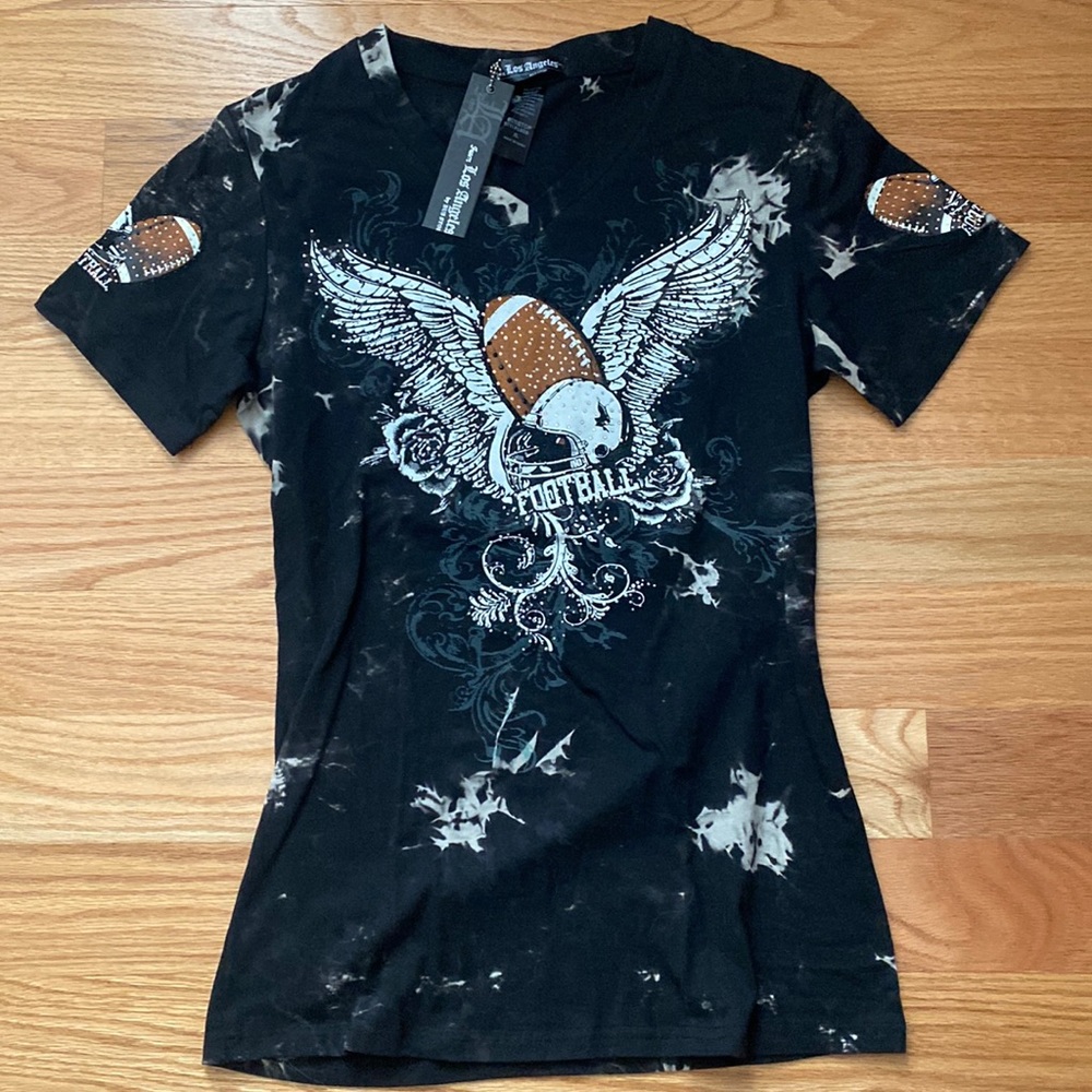 Woman’s Football t-shirt From Los Angeles by Bus stop Sz xl studs & irrid beads.